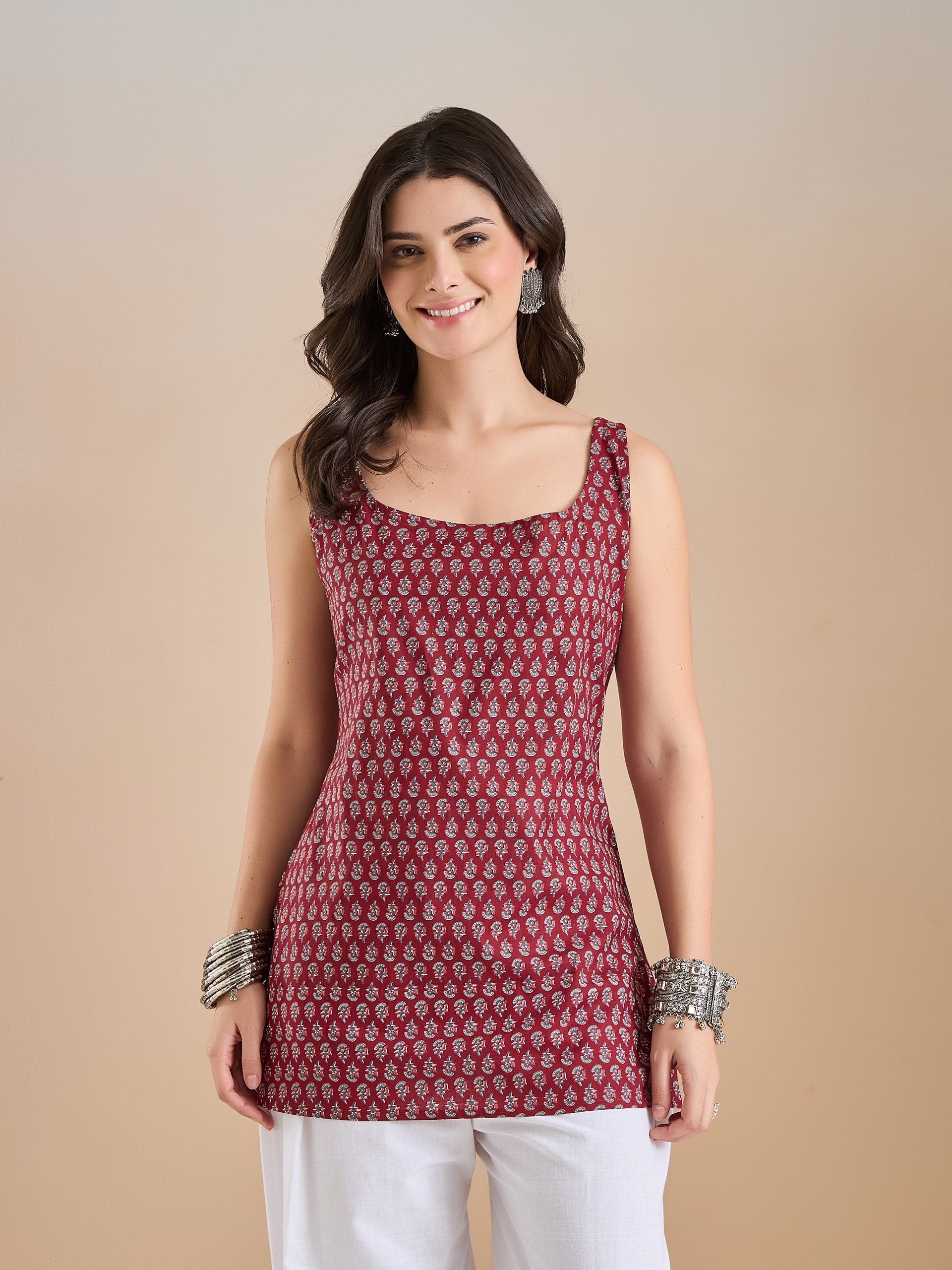 Maroon Floral Printed Sleeveless Top