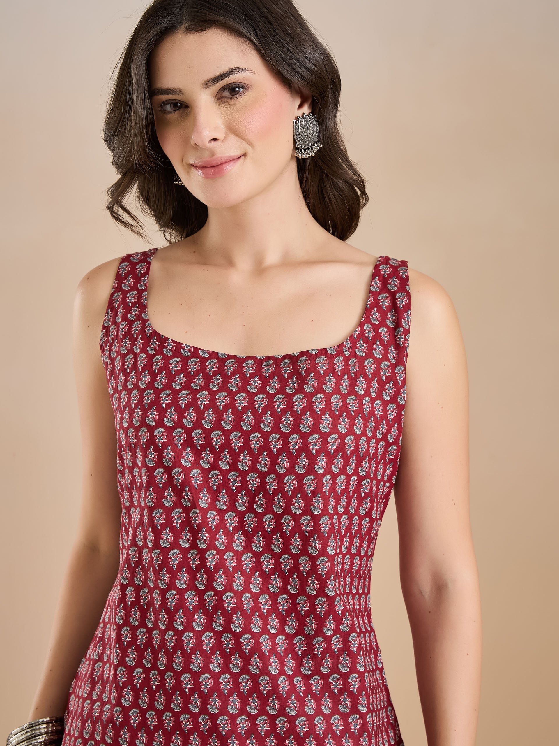 Maroon Floral Printed Sleeveless Top