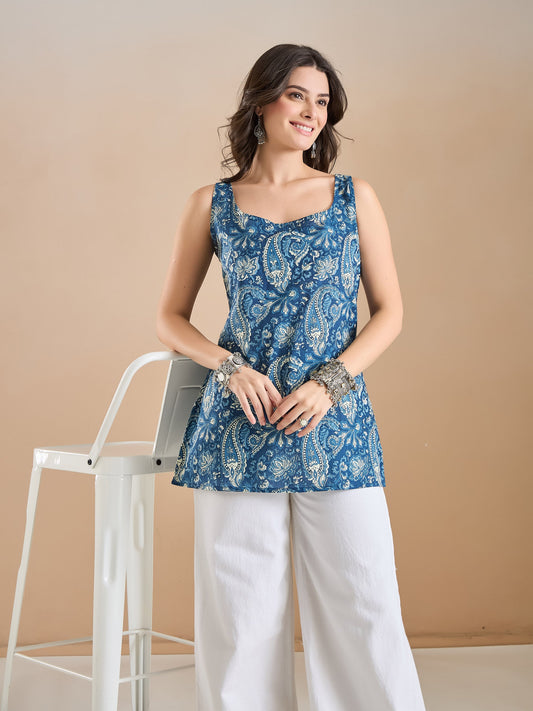 Indigo Paisley Printed Cotton Ethnic Top