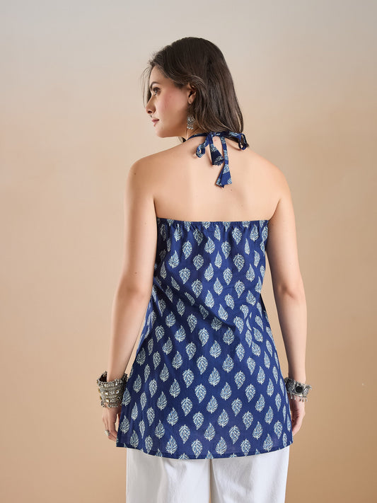 Indigo Leaf Printed Cotton Halter Neck Top