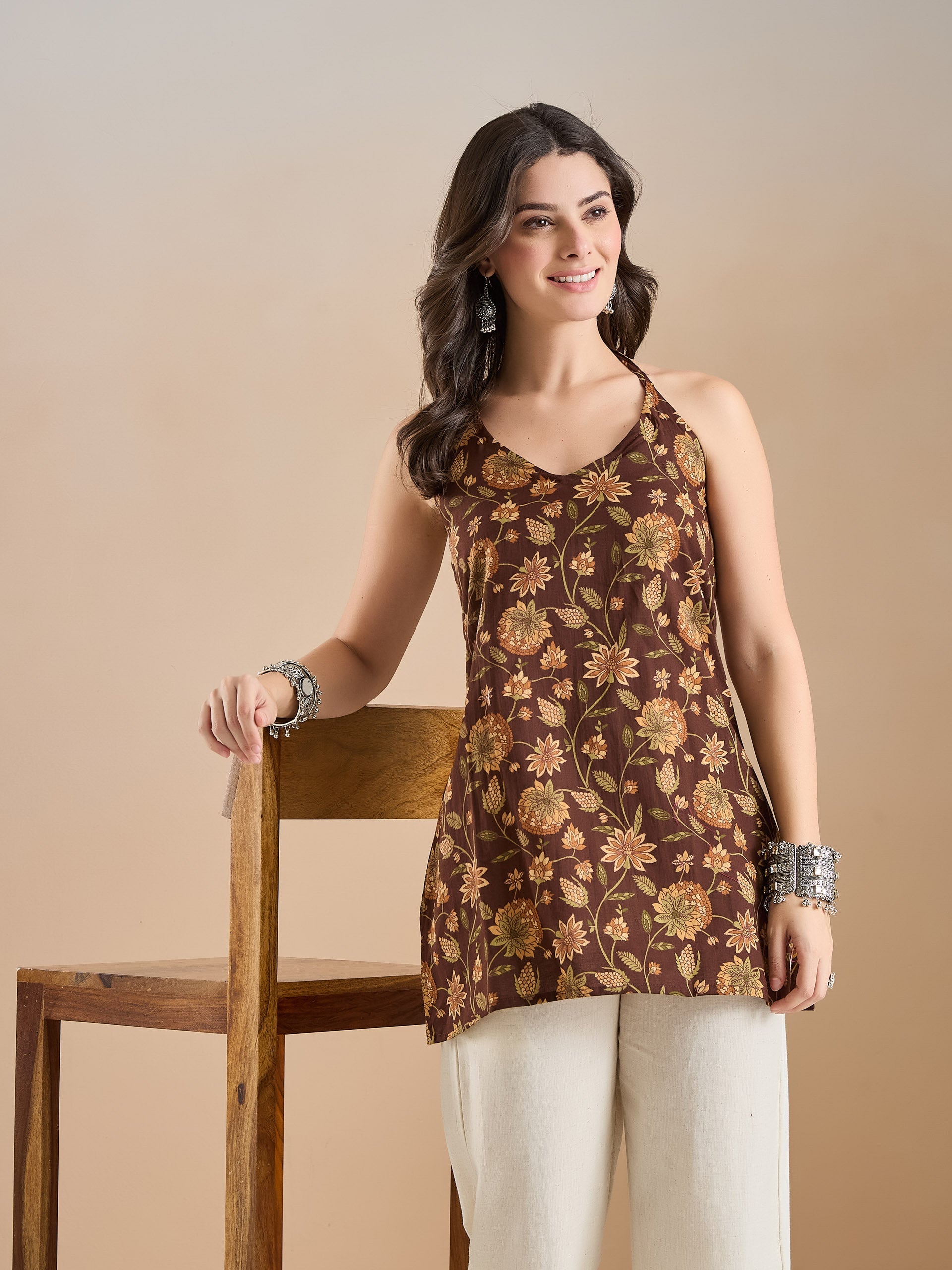 Women Floral Print Pure Cotton Brown Top