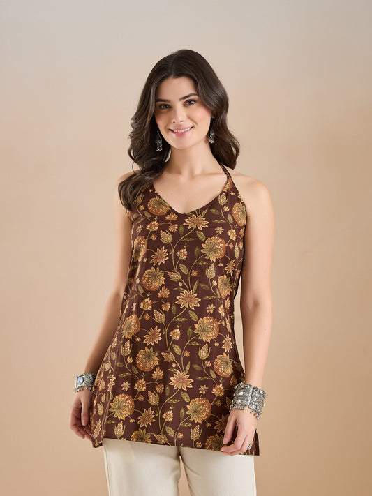 Women Floral Print Pure Cotton Brown Top