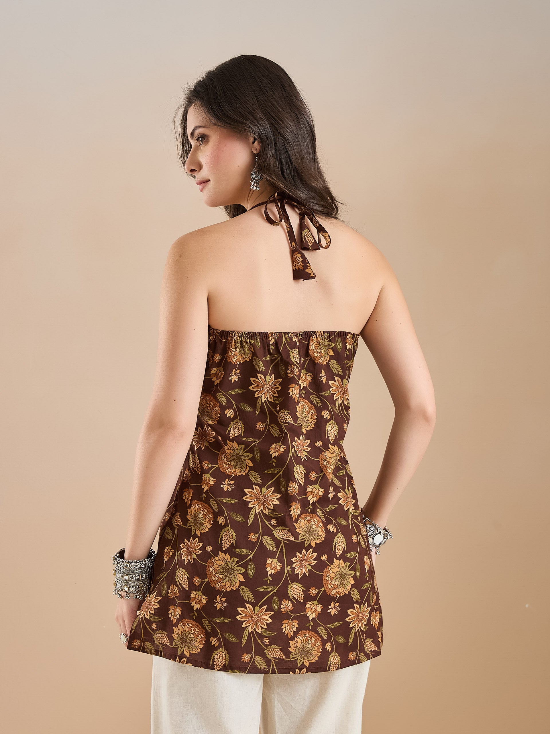 Women Floral Print Pure Cotton Brown Top
