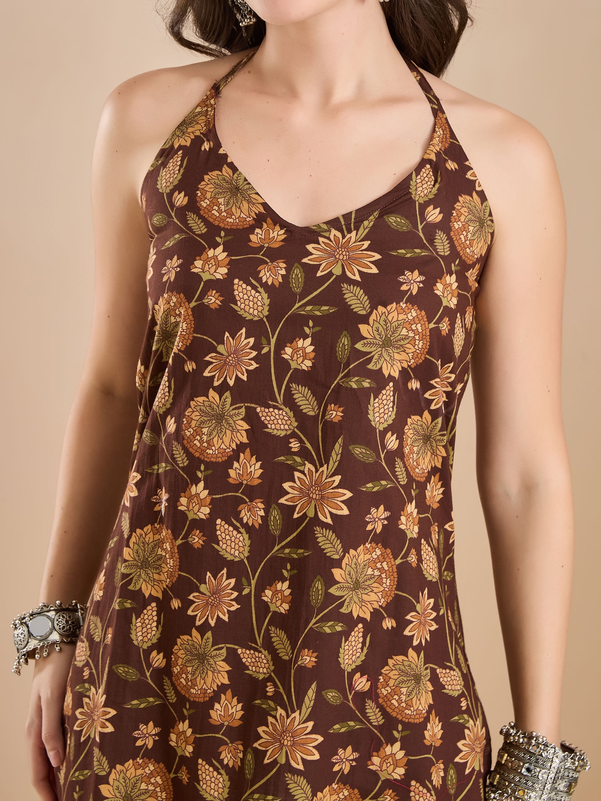 Women Floral Print Pure Cotton Brown Top