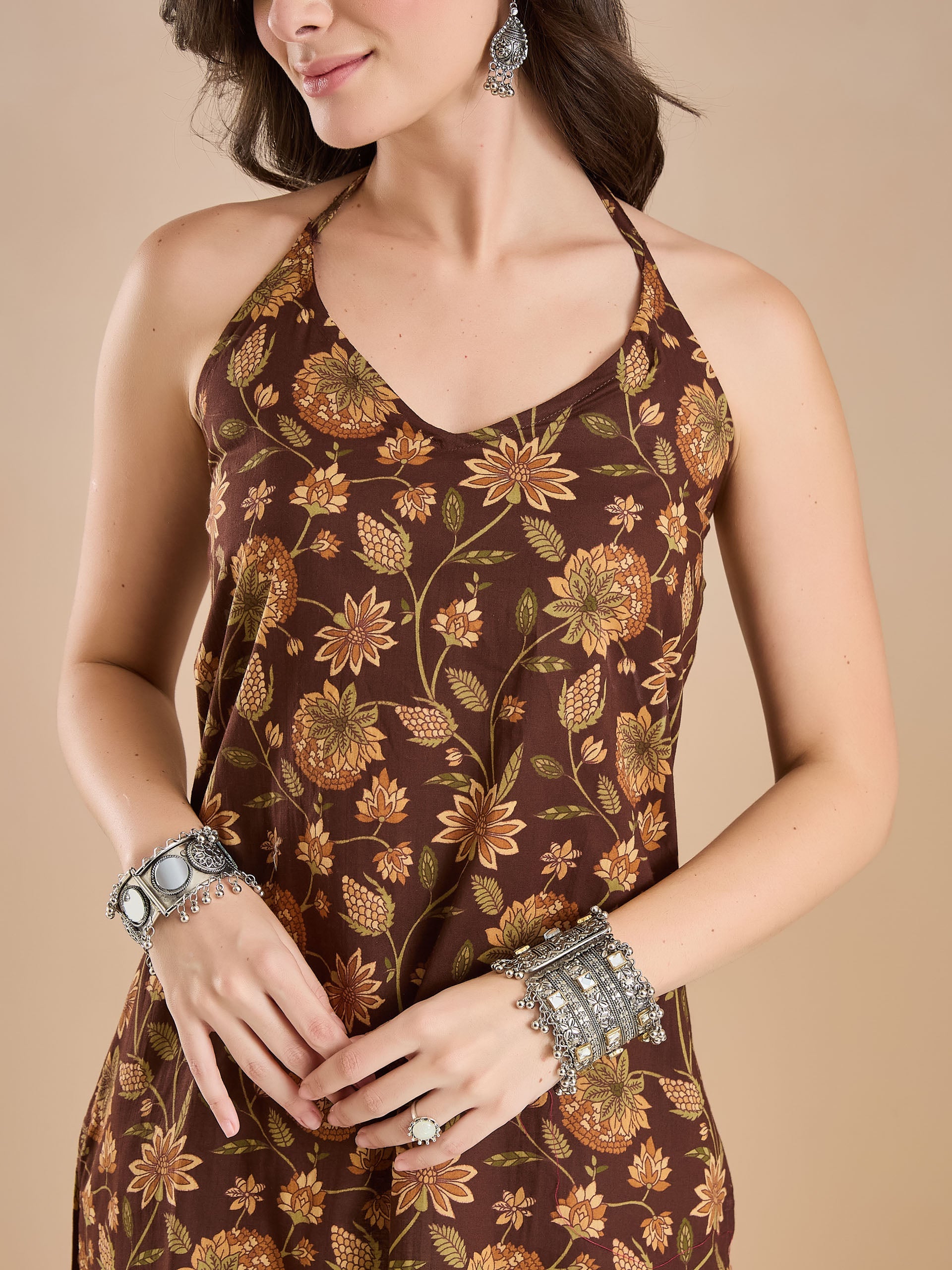 Women Floral Print Pure Cotton Brown Top