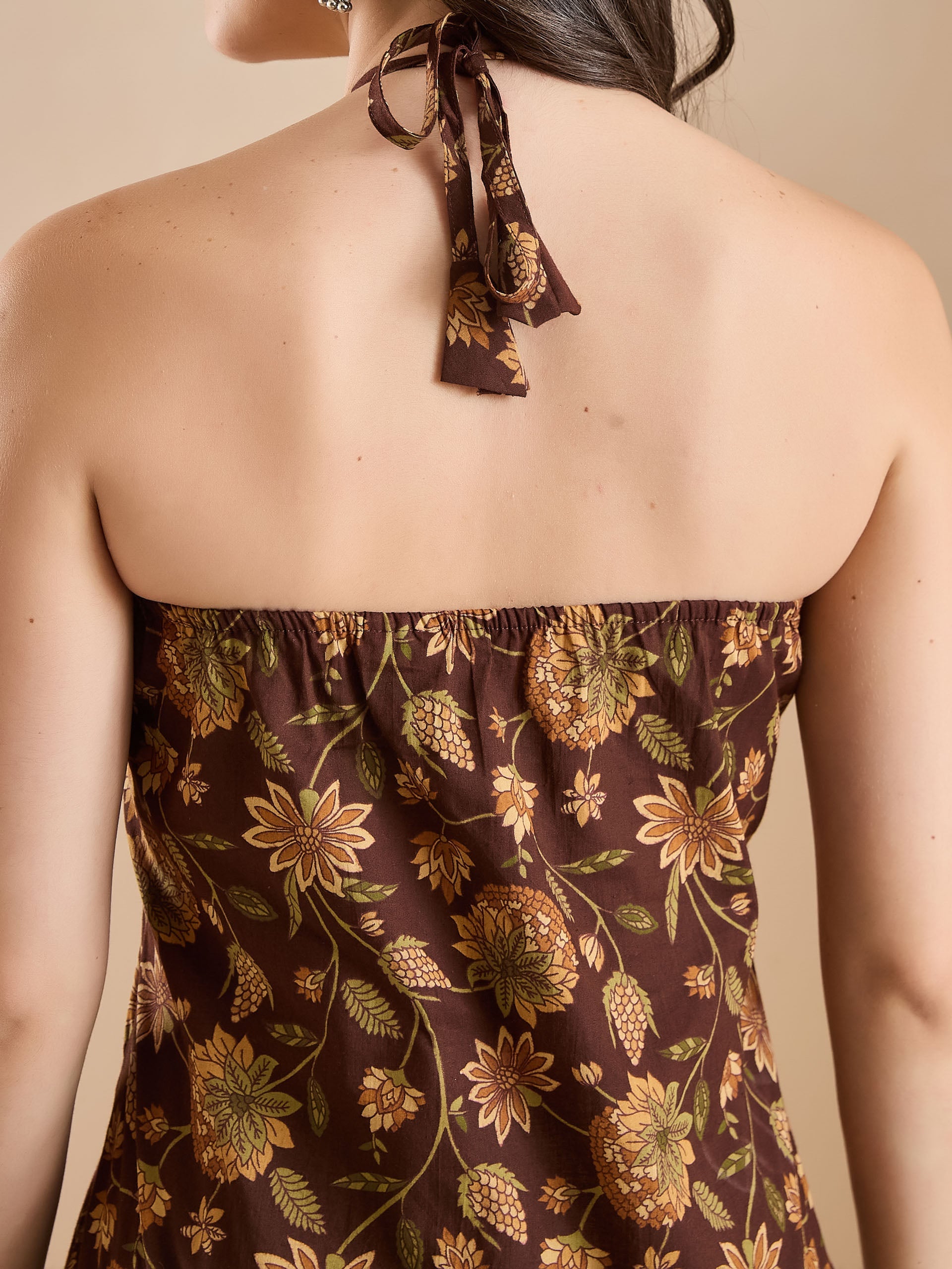 Women Floral Print Pure Cotton Brown Top