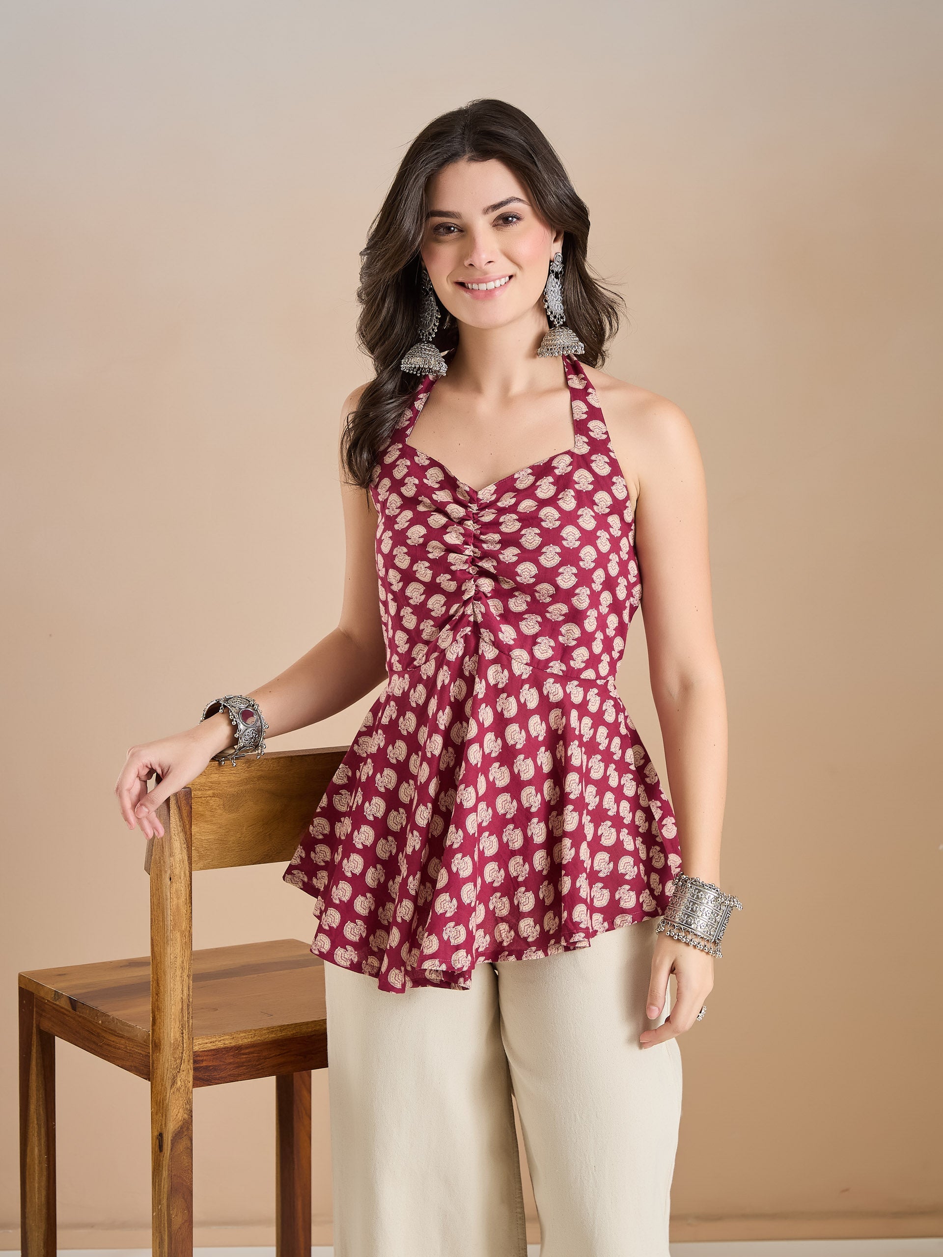 Women Wine Floral Print Pure Cotton Halter Neck Peplum Top
