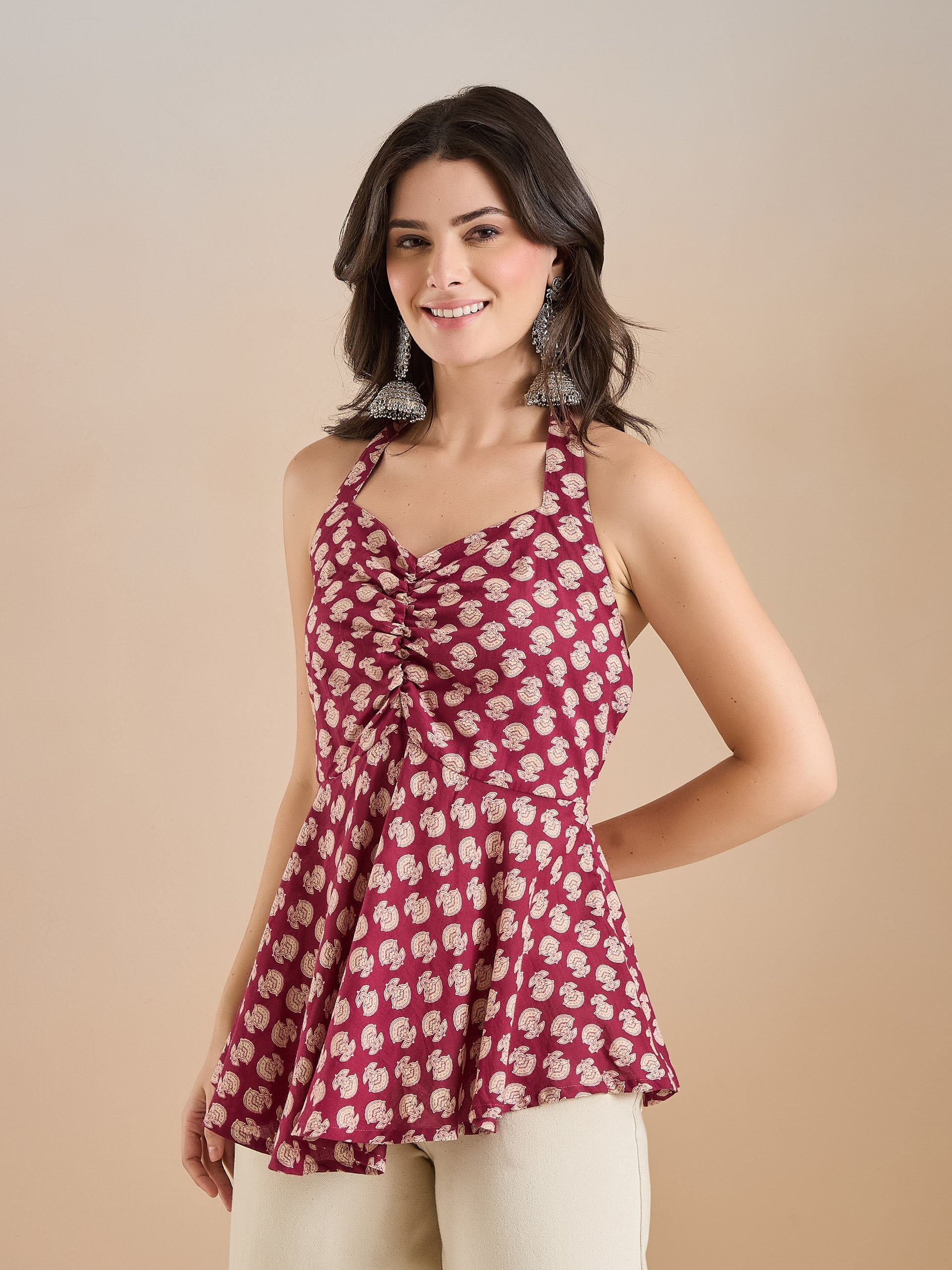 Women Wine Floral Print Pure Cotton Halter Neck Peplum Top