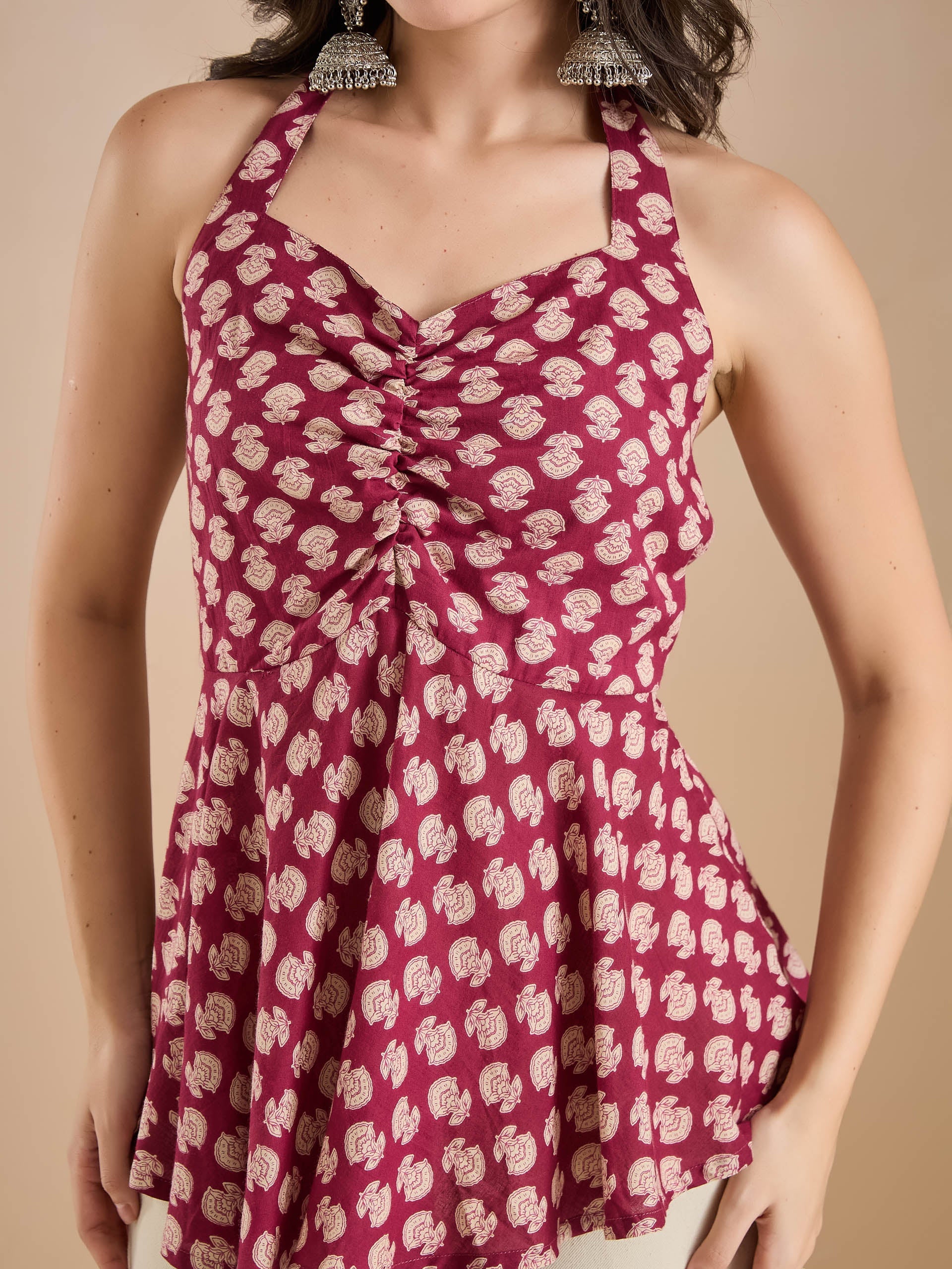 Women Wine Floral Print Pure Cotton Halter Neck Peplum Top