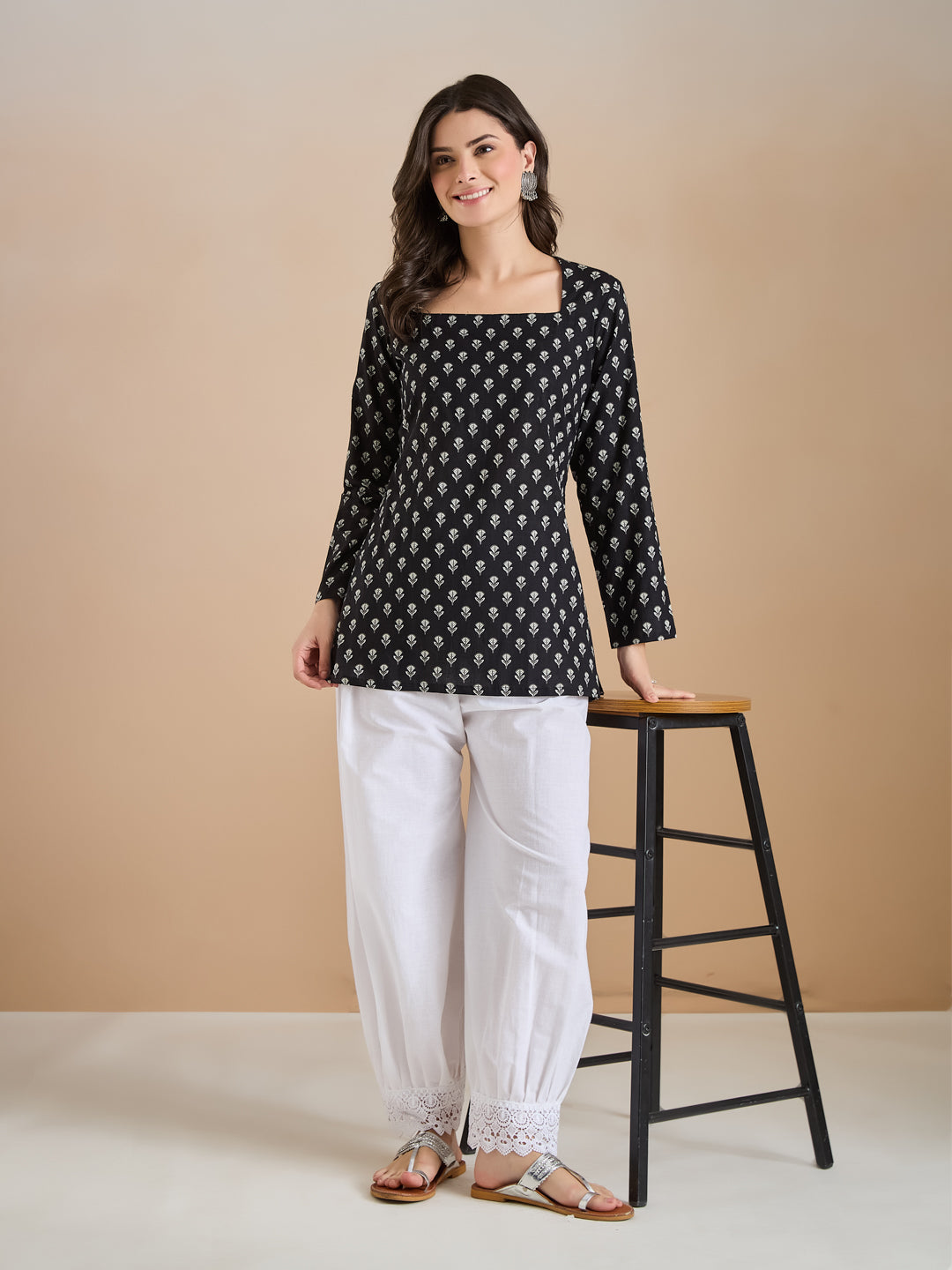 Women Ethnic Motif Print Pure Cotton Black Top