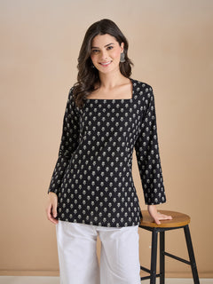 Women Ethnic Motif Print Pure Cotton Black Top