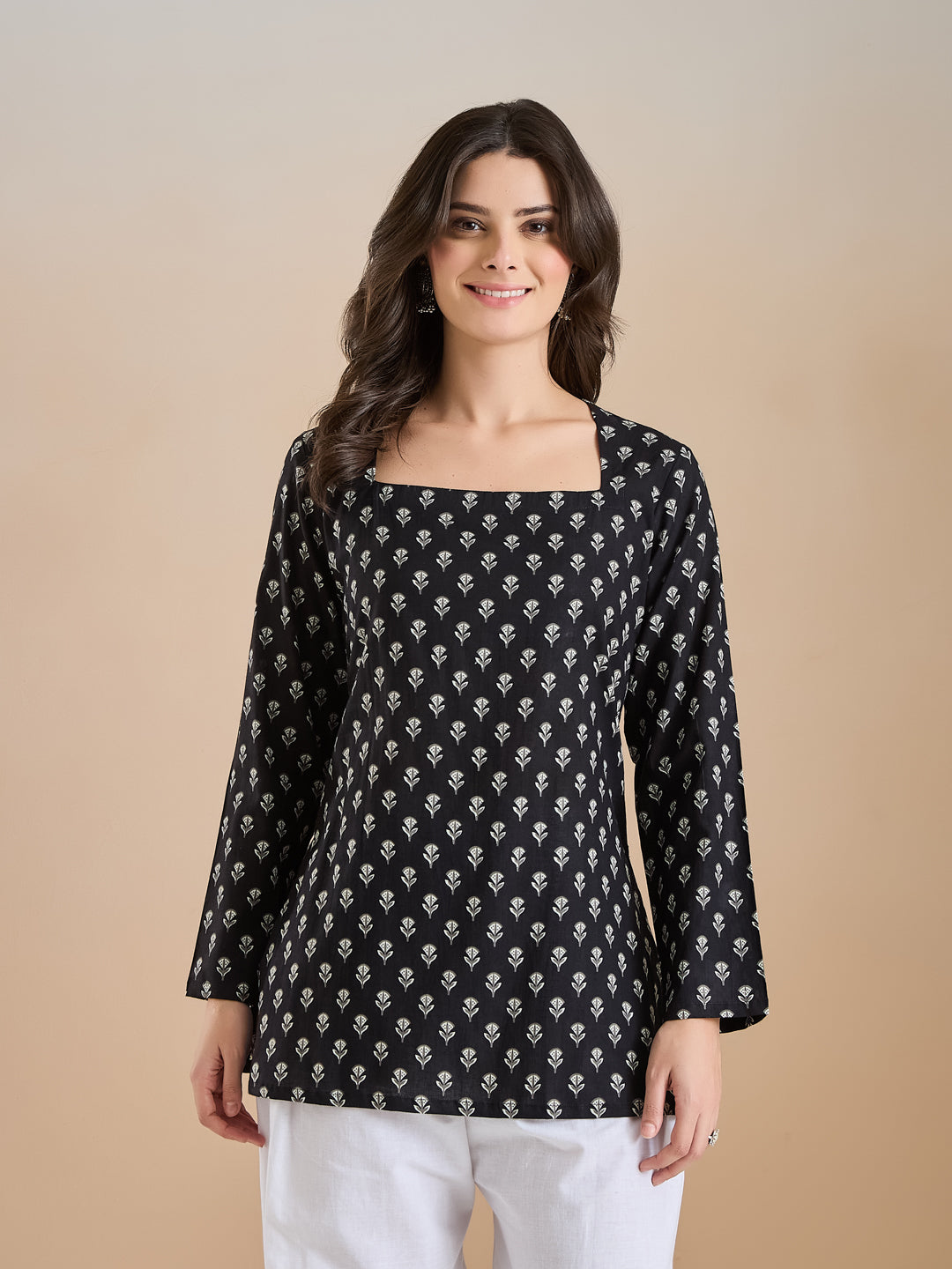 Women Ethnic Motif Print Pure Cotton Black Top