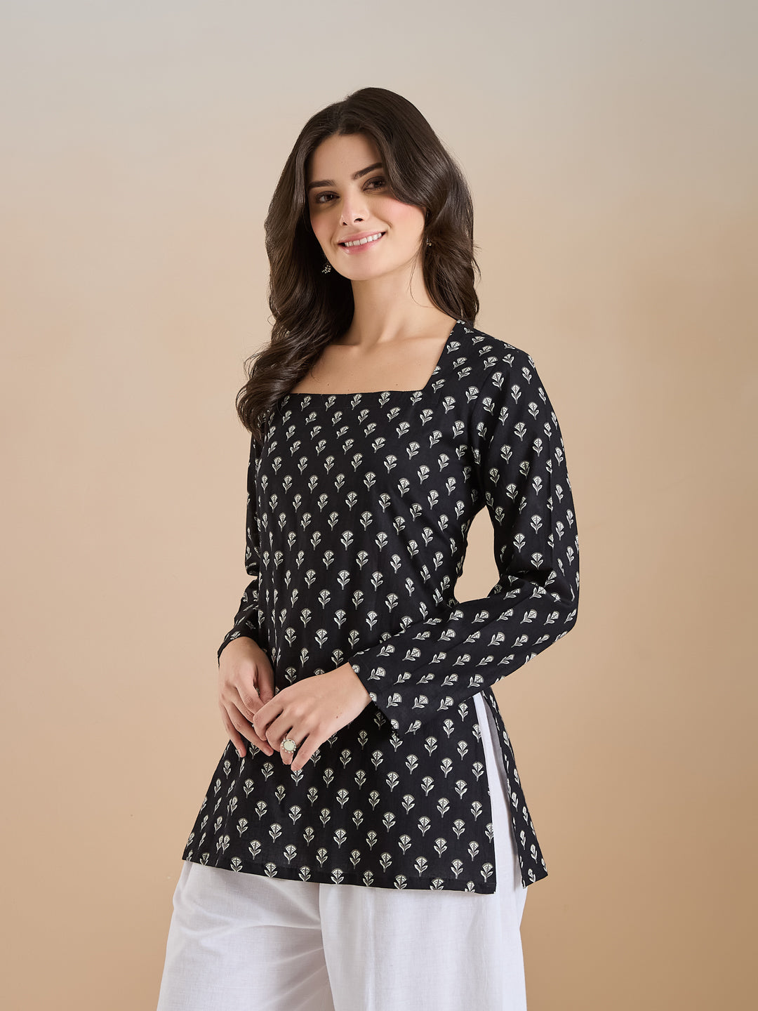 Women Ethnic Motif Print Pure Cotton Black Top