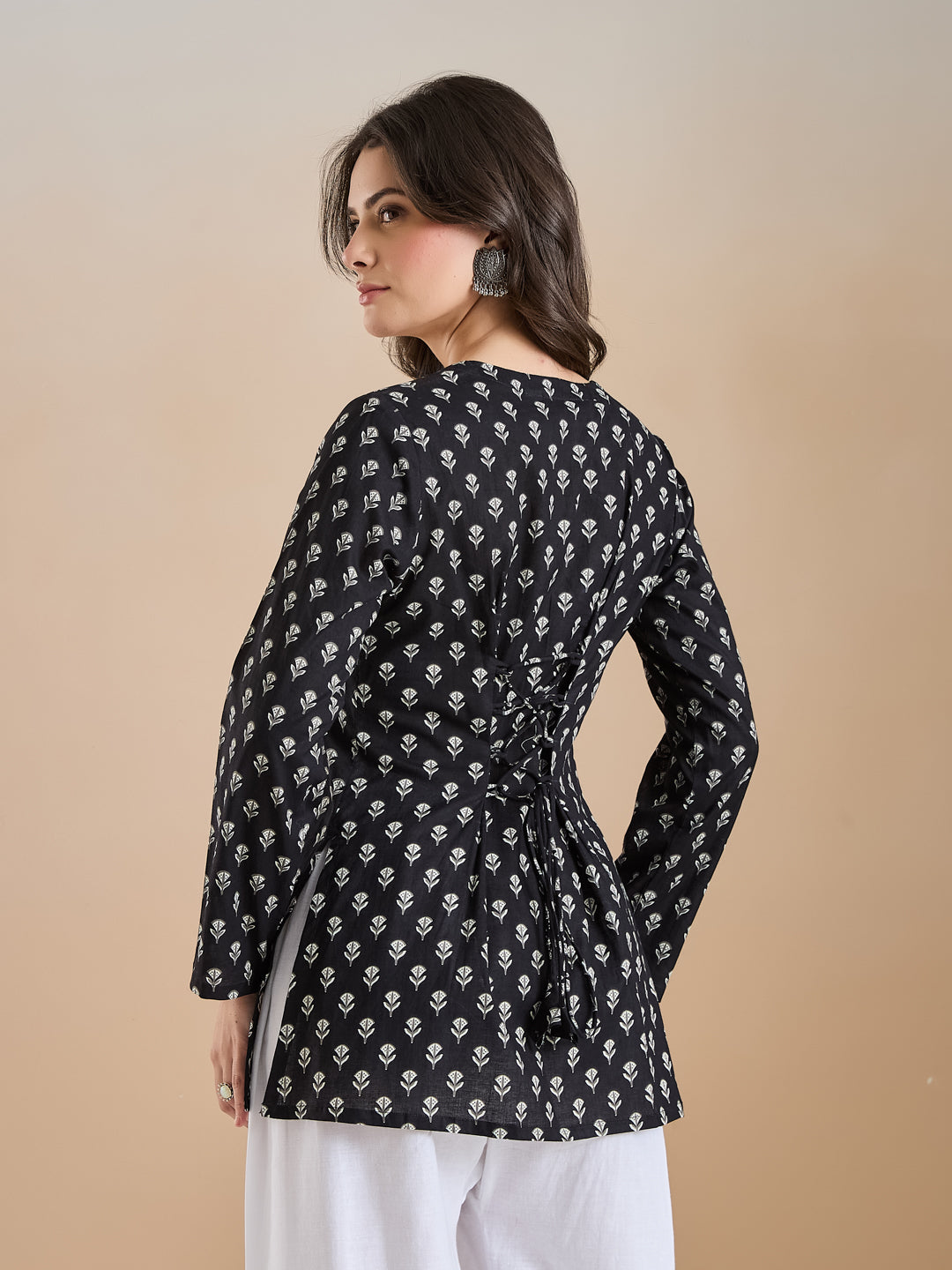 Women Ethnic Motif Print Pure Cotton Black Top