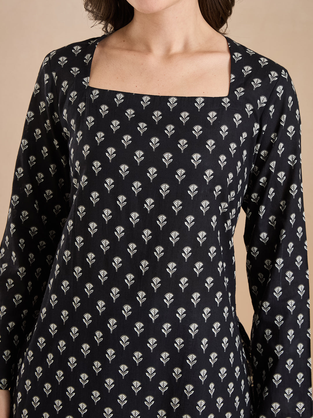 Women Ethnic Motif Print Pure Cotton Black Top