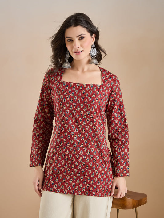 Women Floral Print Pure Cotton Straight Fit Maroon Top