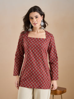 Women Floral Print Pure Cotton Straight Fit Maroon Top