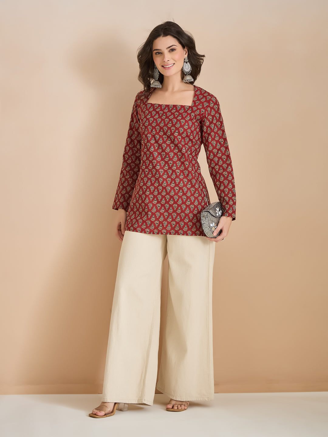 Women Floral Print Pure Cotton Straight Fit Maroon Top