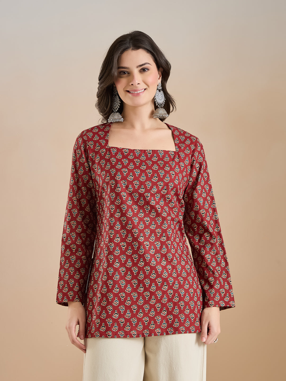 Women Floral Print Pure Cotton Straight Fit Maroon Top