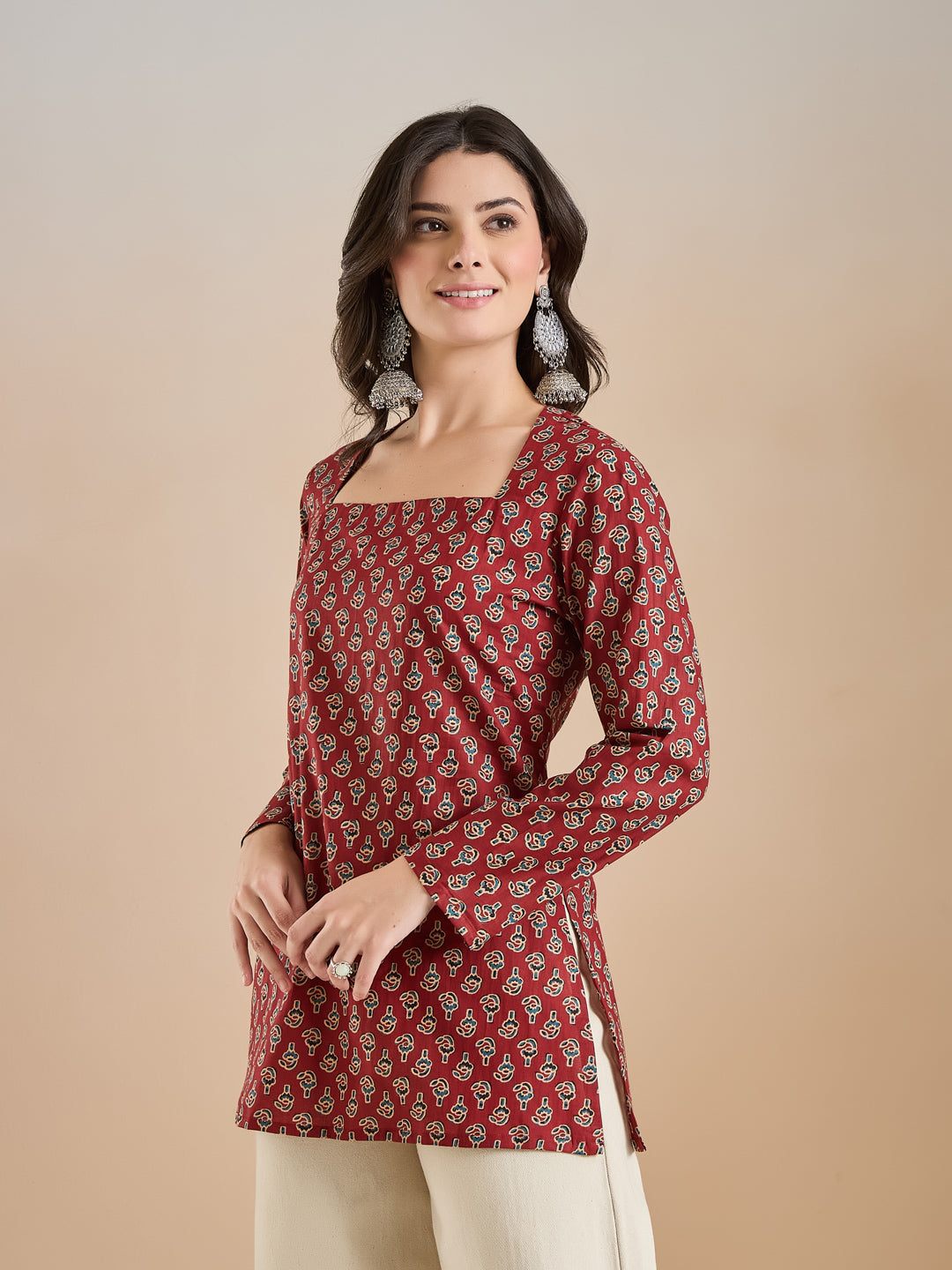Women Floral Print Pure Cotton Straight Fit Maroon Top