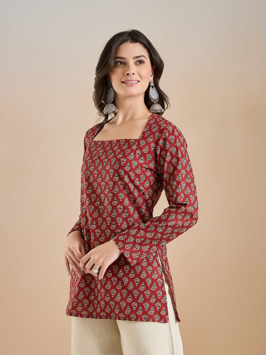 Women Floral Print Pure Cotton Straight Fit Maroon Top