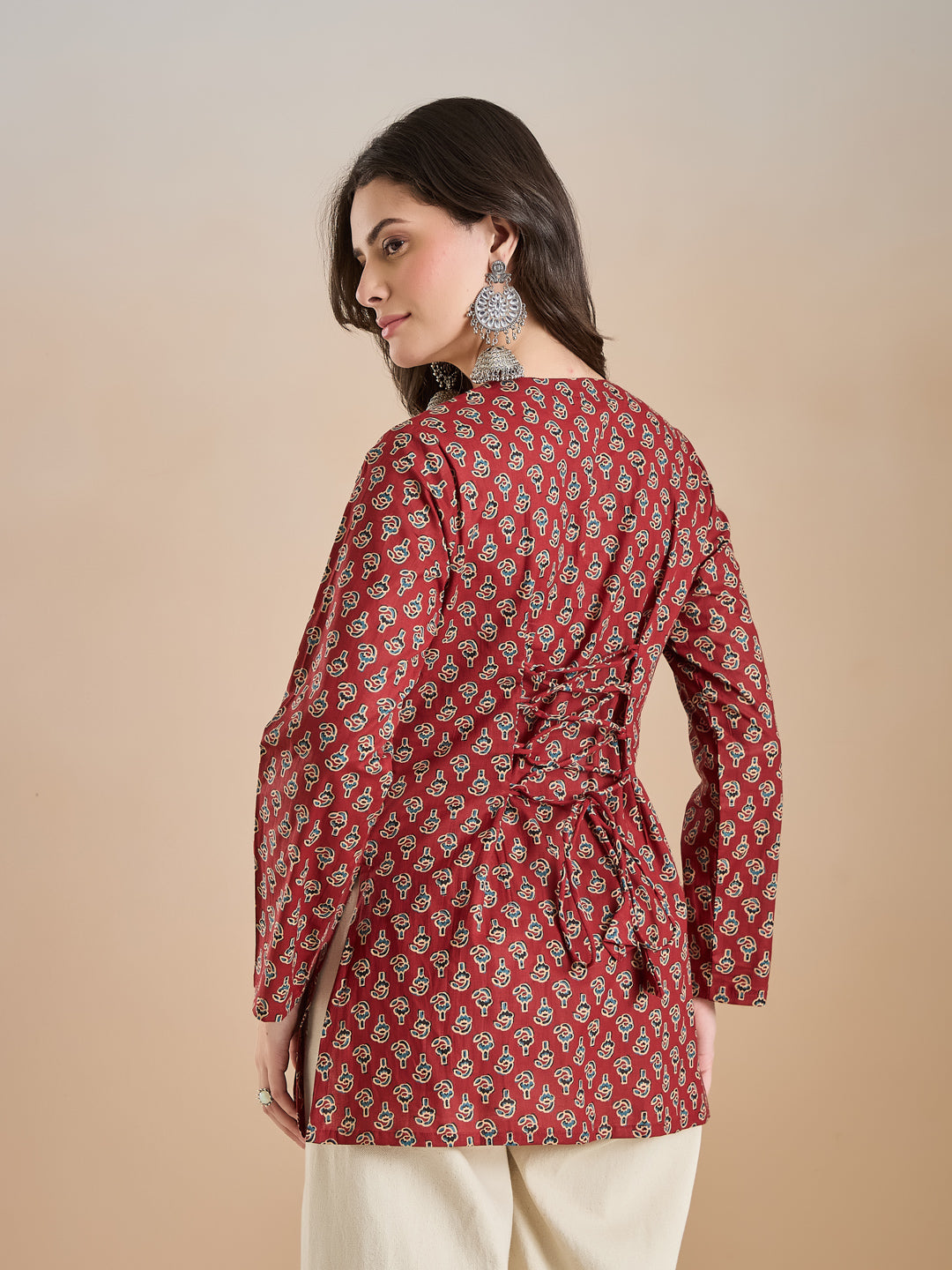 Women Floral Print Pure Cotton Straight Fit Maroon Top