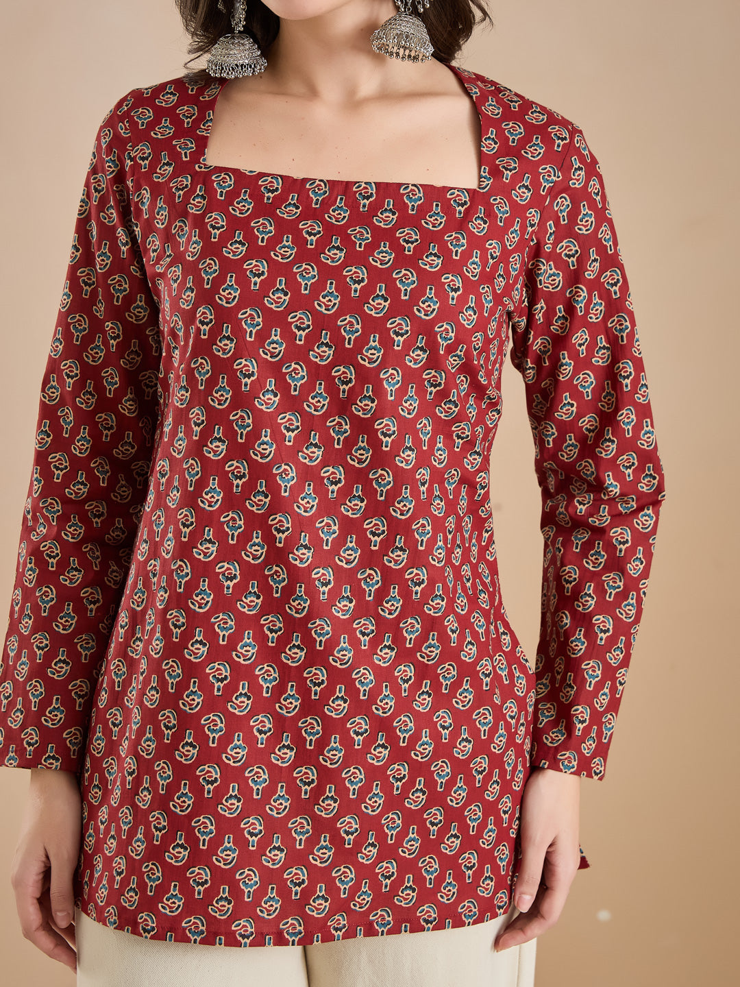 Women Floral Print Pure Cotton Straight Fit Maroon Top