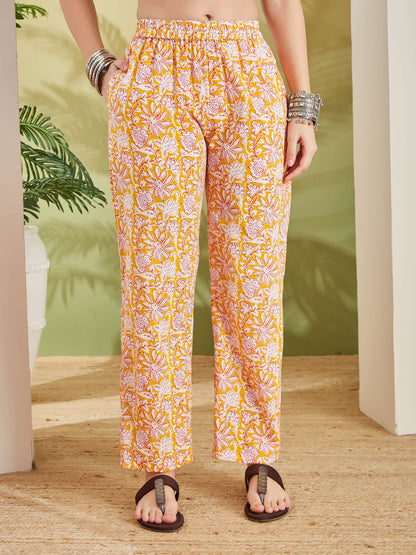 Women Floral Printed Pure Cotton Orange Night suit