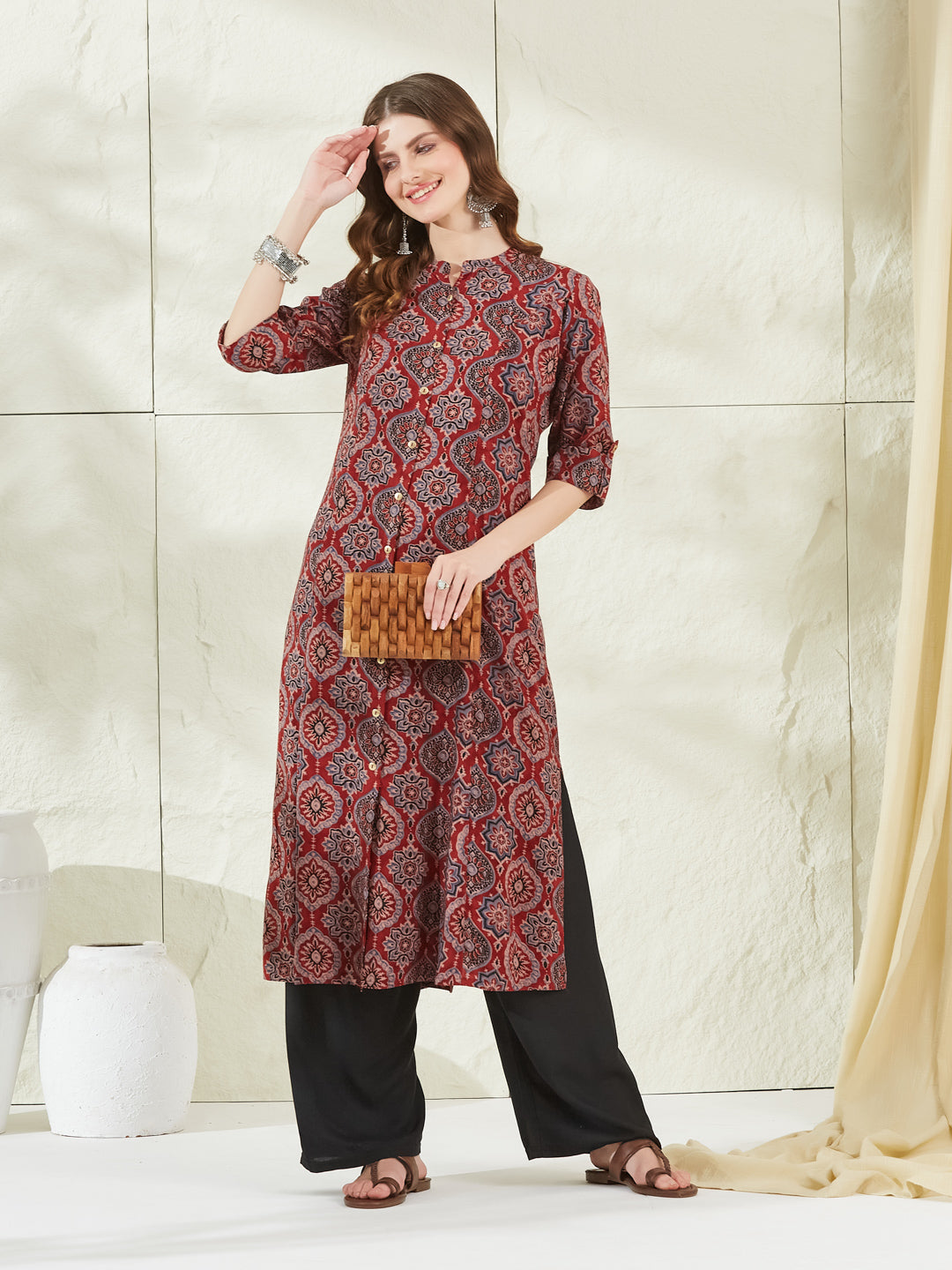 Red Rayon A-Line Kurta