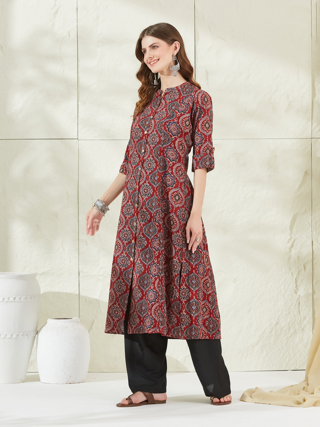 Red Rayon A-Line Kurta