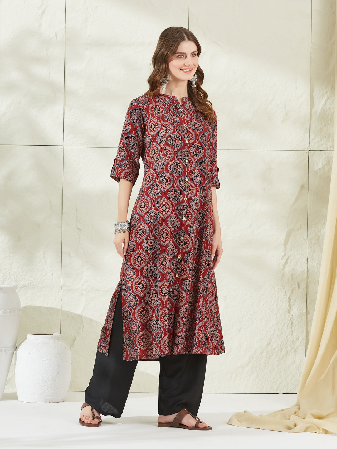 Red Rayon A-Line Kurta