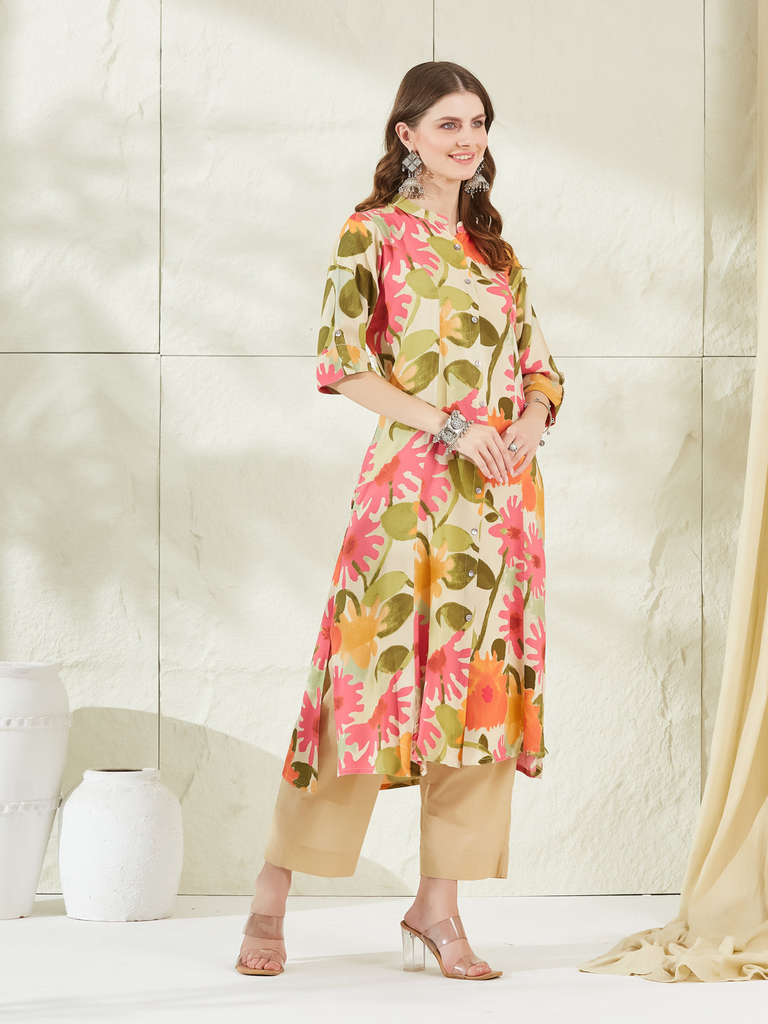 Cream Rayon A-Line Kurta