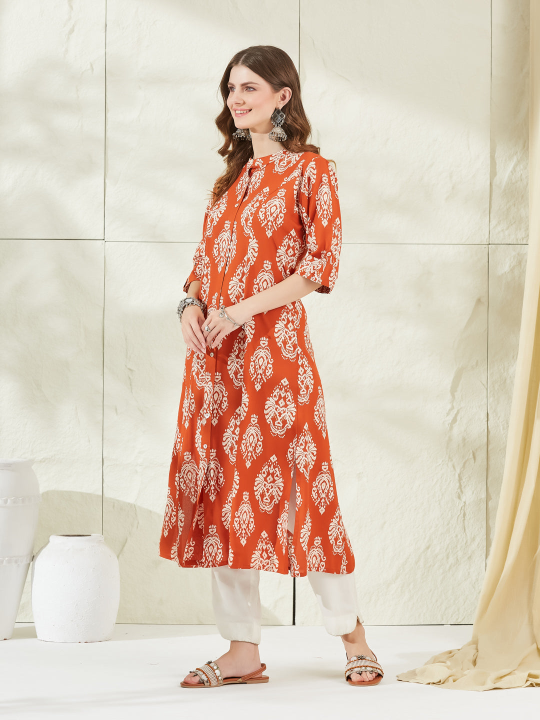 Orange Rayon A-Line Kurta