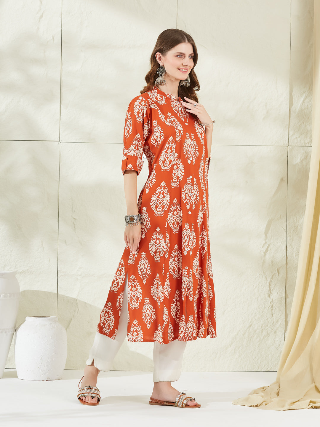 Orange Rayon A-Line Kurta