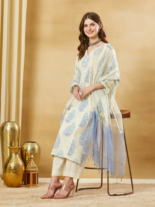 Blue Cotton Zari work Kurta Pant Set With Dupatta