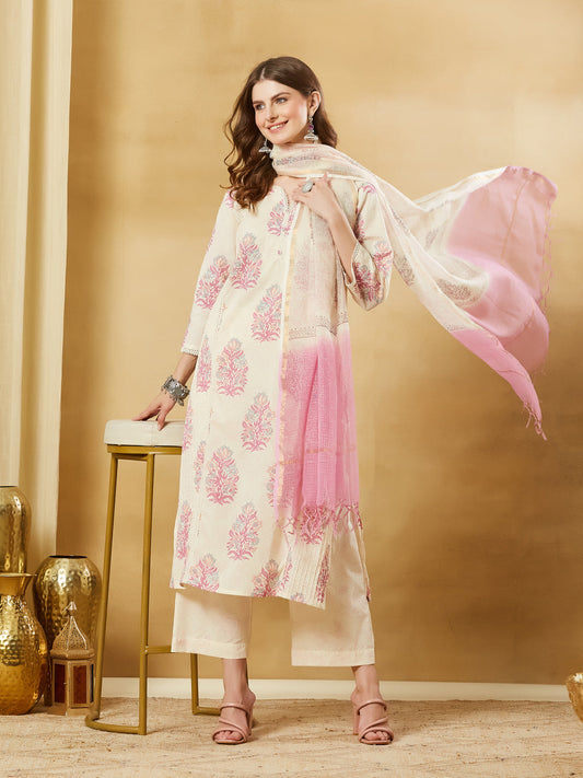 Pink Cotton Zari Work Kurta Pant Set With Dupatta