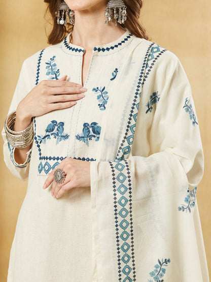 Off White Blue Embroidary Cotton Kurta Pant Set