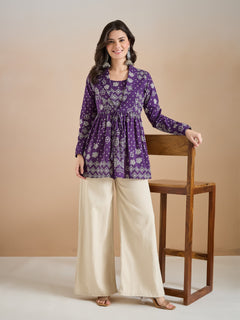 Purple Bandhani Print Cotton Peplum Fit Top