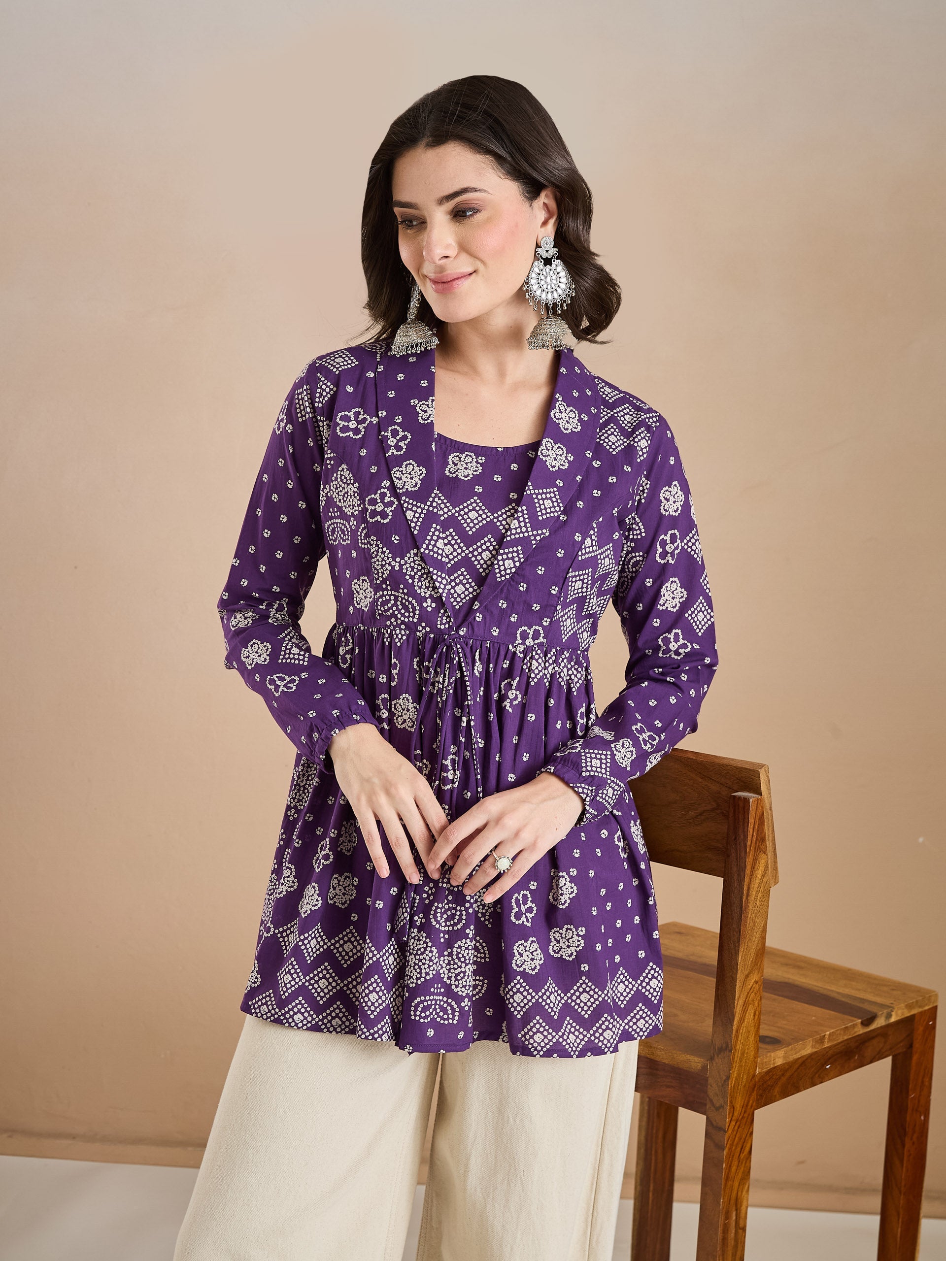 Purple Bandhani Print Cotton Peplum Fit Top