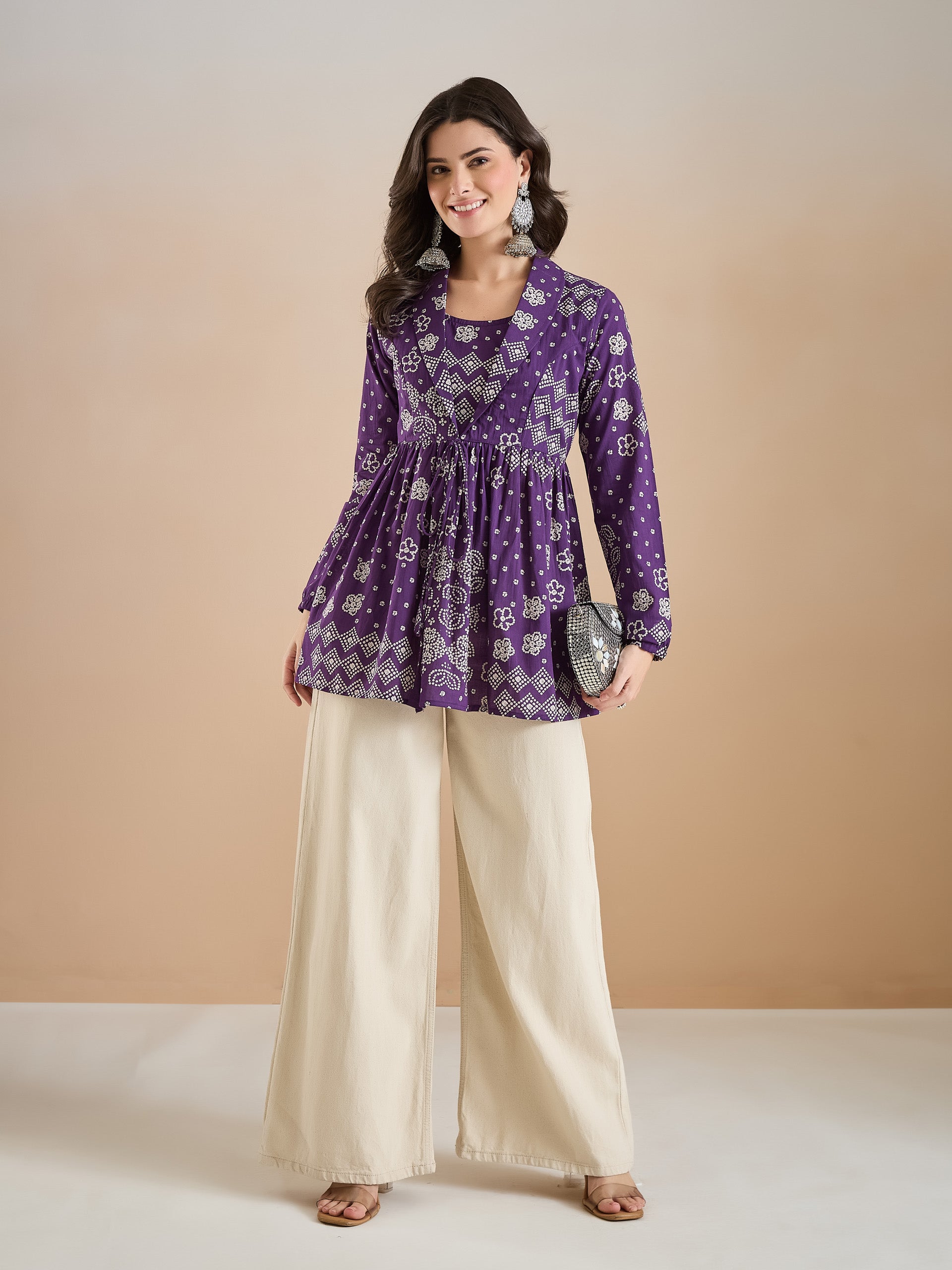 Purple Bandhani Print Cotton Peplum Fit Top