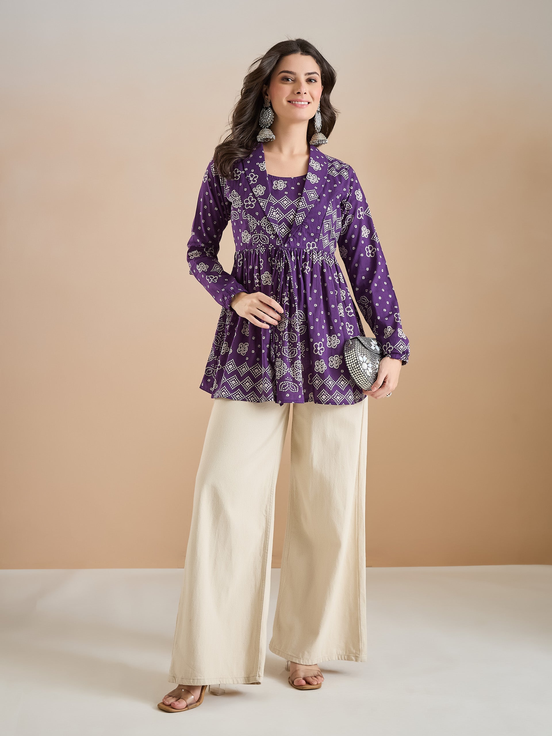 Purple Bandhani Print Cotton Peplum Fit Top