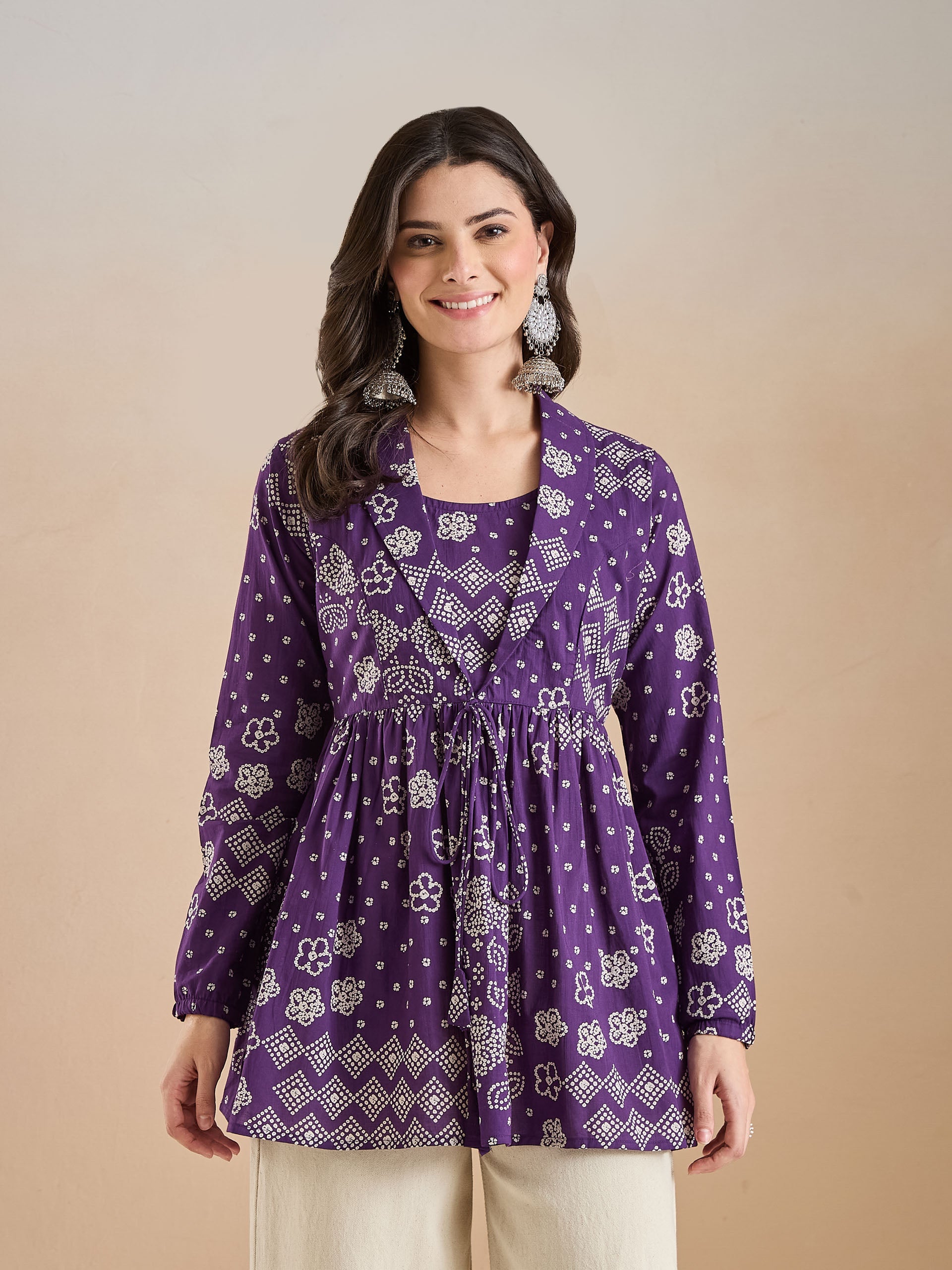 Purple Bandhani Print Cotton Peplum Fit Top
