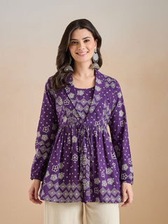 Purple Bandhani Print Cotton Peplum Fit Top