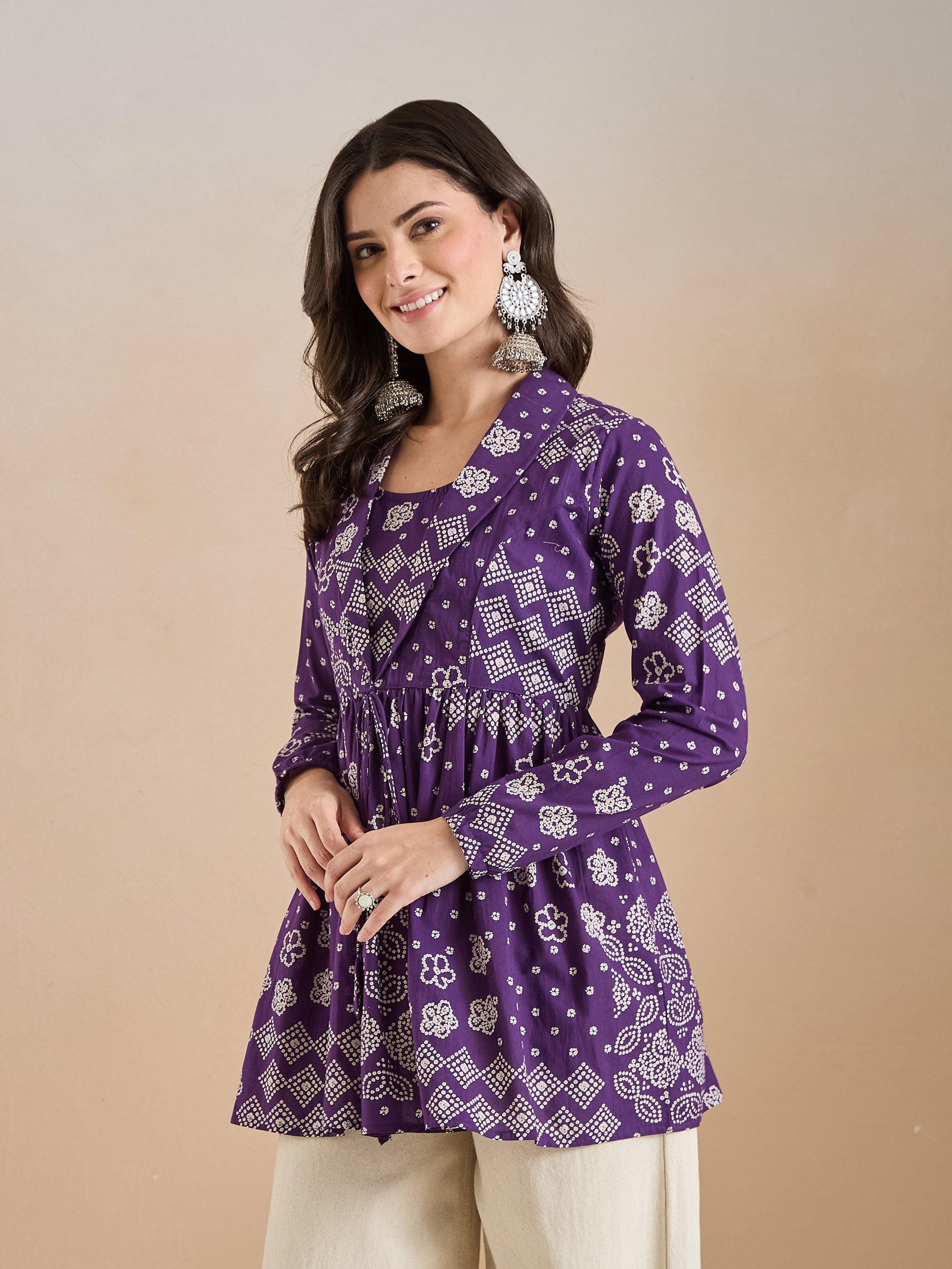 Purple Bandhani Print Cotton Peplum Fit Top