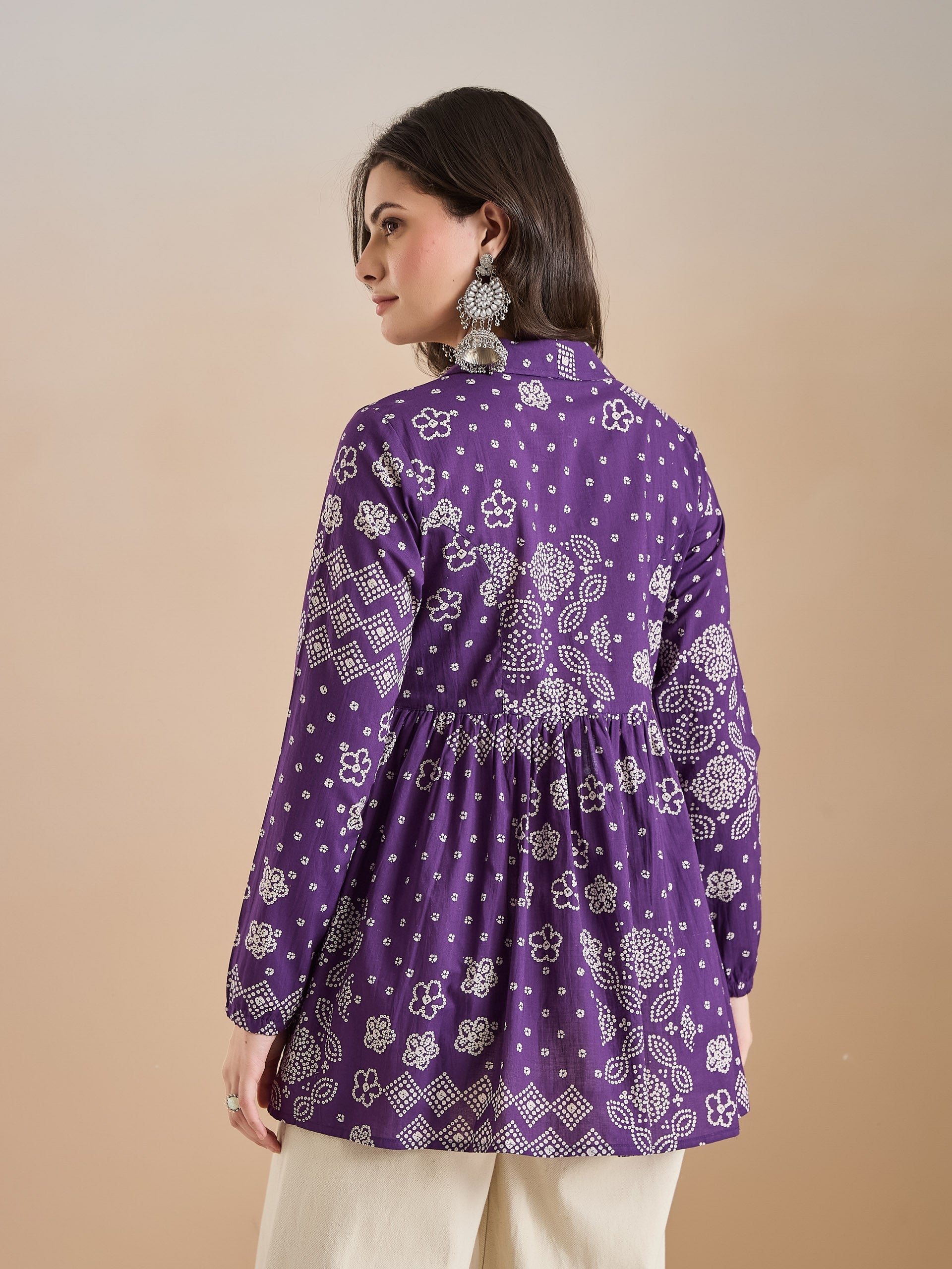 Purple Bandhani Print Cotton Peplum Fit Top