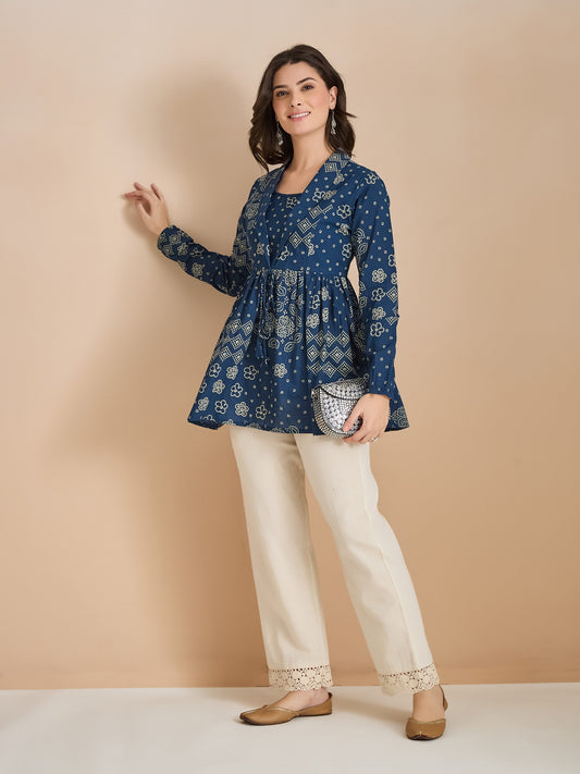 Blue Bandhani Print Cotton Peplum Fit Top