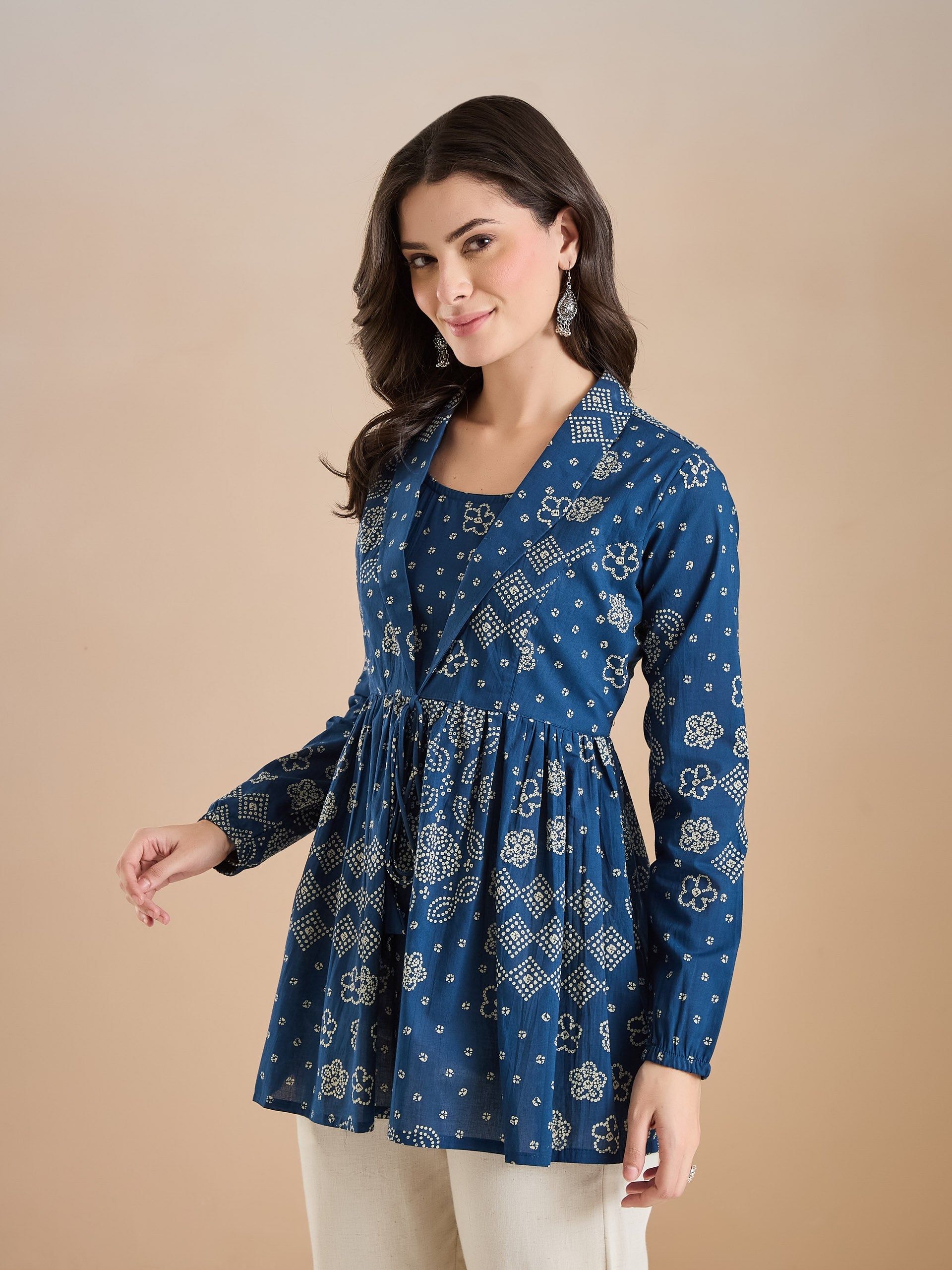 Blue Bandhani Print Cotton Peplum Fit Top