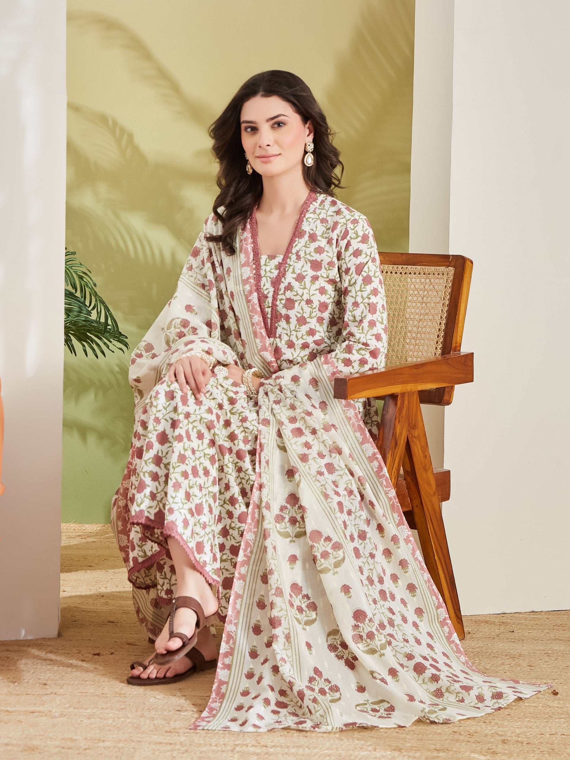 Women Floral Printed Pure Cotton Cream Anarkali Kurta Set with Trousers & Dupatta