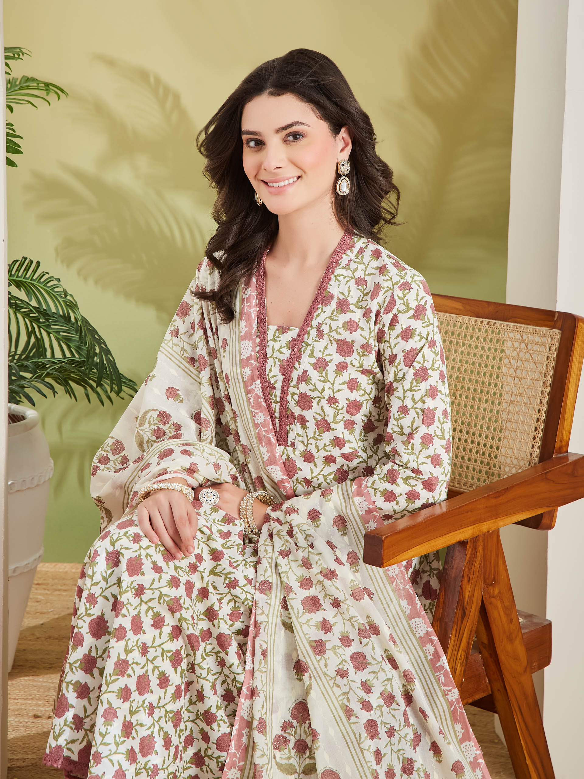 Women Floral Printed Pure Cotton Cream Anarkali Kurta Set with Trousers & Dupatta