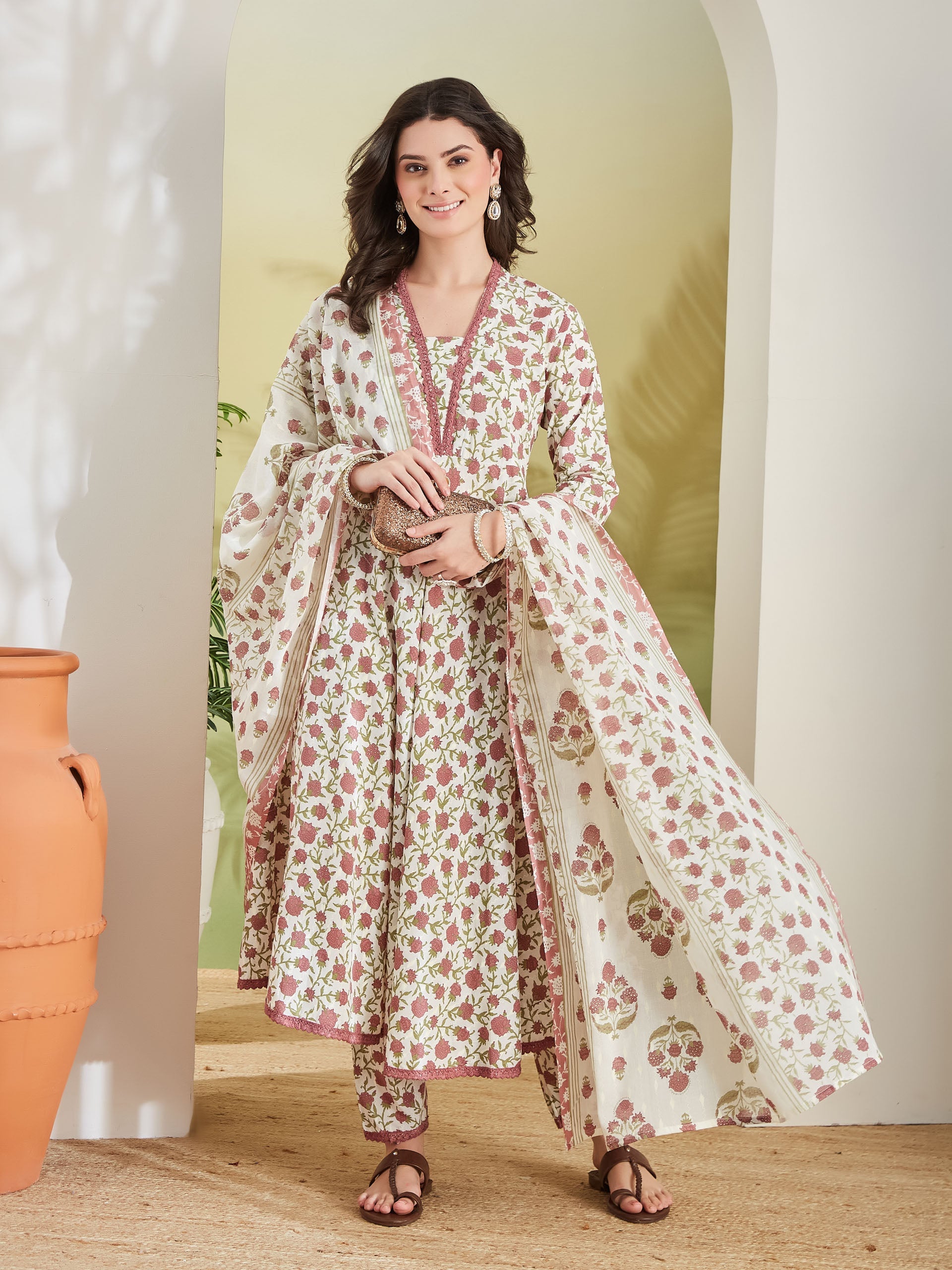 Women Floral Printed Pure Cotton Cream Anarkali Kurta Set with Trousers & Dupatta